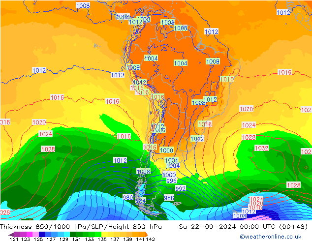 Dikte 850-1000 hPa GFS zo 22.09.2024 00 UTC