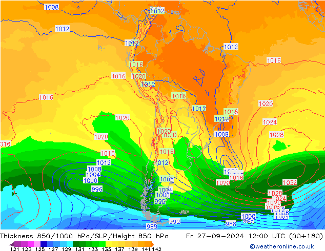 850-1000 hPa Kalınlığı GFS Cu 27.09.2024 12 UTC