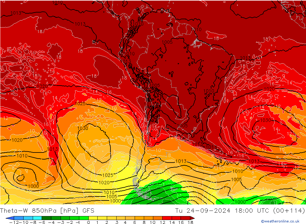 Theta-W 850hPa GFS Út 24.09.2024 18 UTC