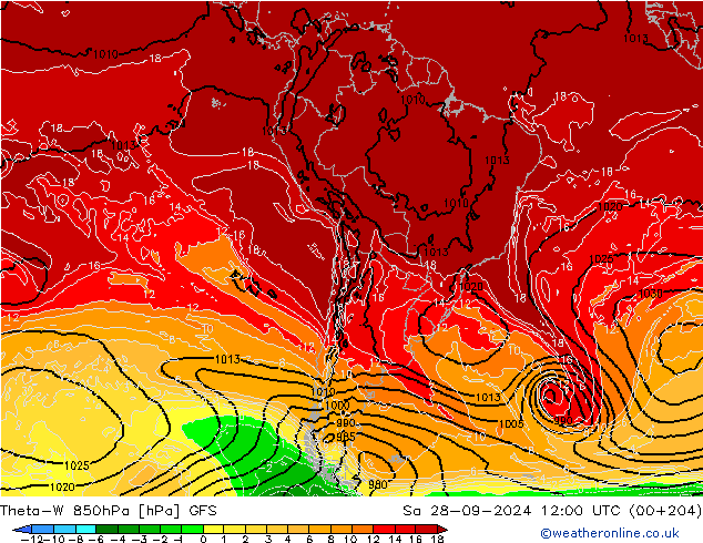 Theta-W 850hPa GFS Sáb 28.09.2024 12 UTC