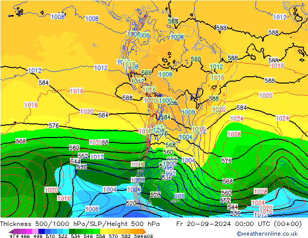 Dikte 500-1000hPa GFS vr 20.09.2024 00 UTC