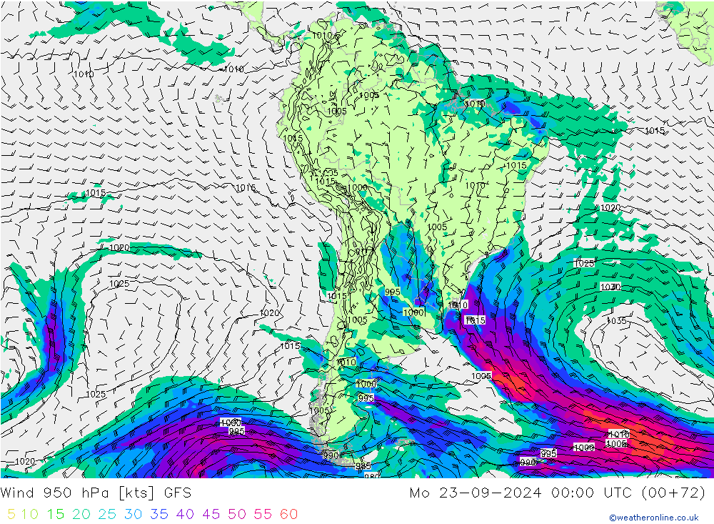 Prec 6h/Wind 10m/950 GFS lun 23.09.2024 00 UTC