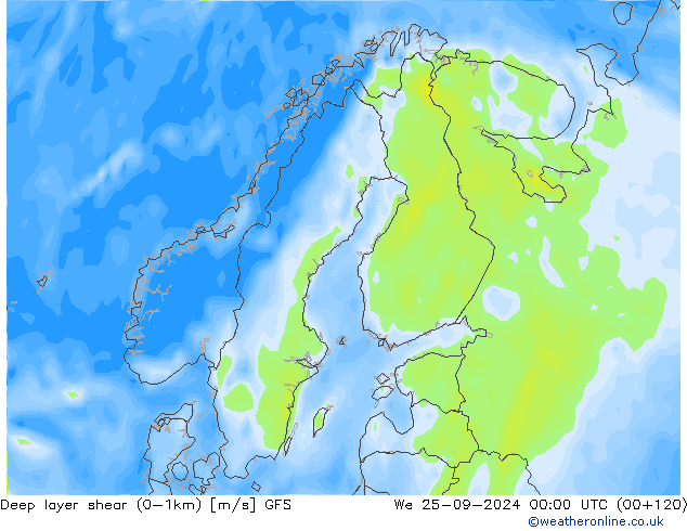 Deep layer shear (0-1km) GFS śro. 25.09.2024 00 UTC