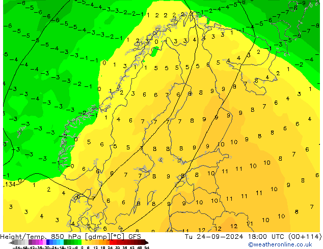 Height/Temp. 850 hPa GFS Tu 24.09.2024 18 UTC