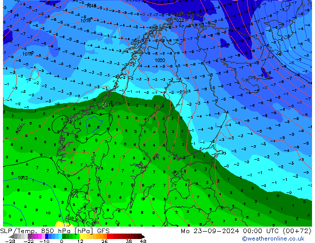 SLP/Temp. 850 hPa GFS Po 23.09.2024 00 UTC