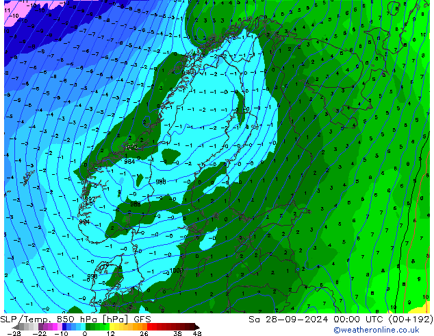 SLP/Temp. 850 hPa GFS Sa 28.09.2024 00 UTC