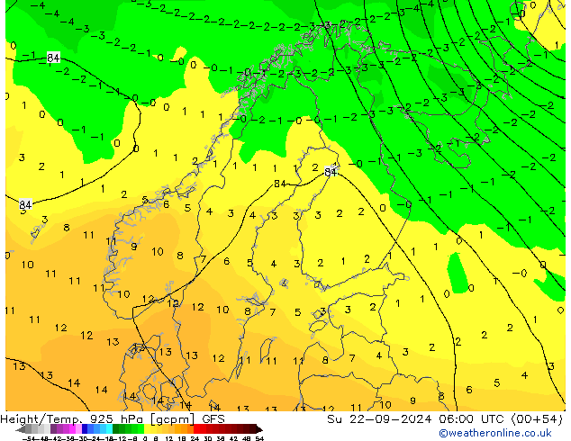 Height/Temp. 925 hPa GFS So 22.09.2024 06 UTC