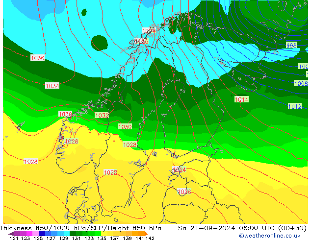 Espesor 850-1000 hPa GFS sáb 21.09.2024 06 UTC