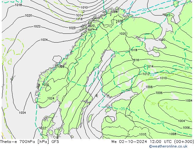 Theta-e 700hPa GFS We 02.10.2024 12 UTC