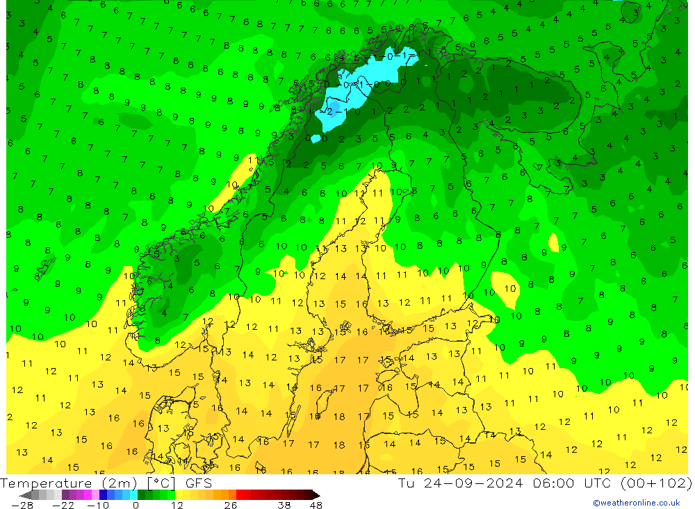 Temperatuurkaart (2m) GFS september 2024