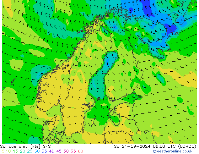 Surface wind GFS Sa 21.09.2024 06 UTC