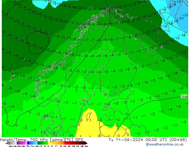 Height/Temp. 700 гПа GFS вт 24.09.2024 00 UTC