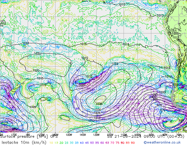 Isotachs (kph) GFS Sa 21.09.2024 09 UTC