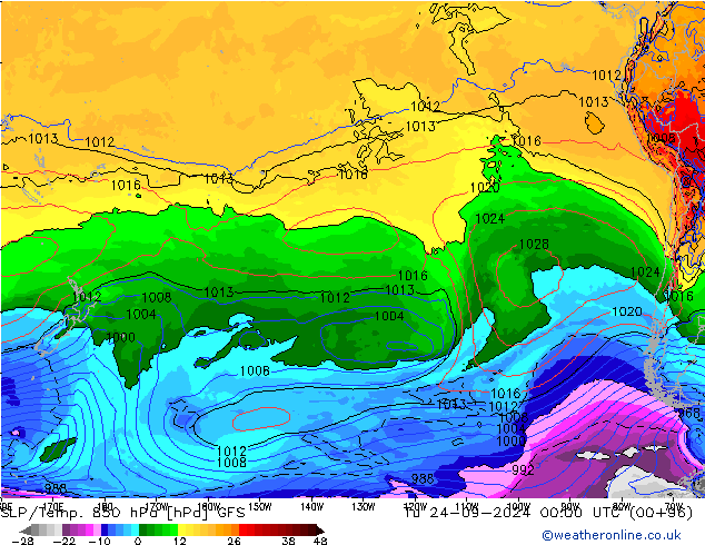 SLP/Temp. 850 hPa GFS Tu 24.09.2024 00 UTC