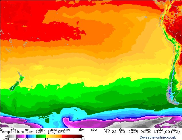 Min.temperatuur (2m) GFS ma 23.09.2024 00 UTC