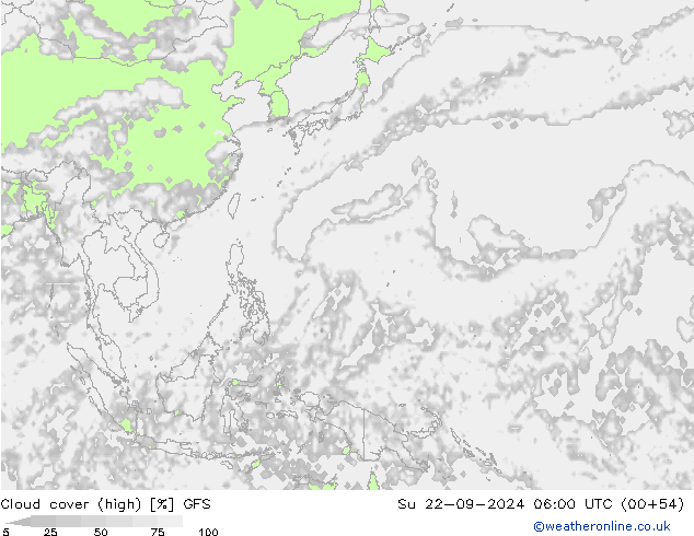 Cloud cover (high) GFS Su 22.09.2024 06 UTC