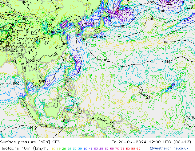 Isotachen (km/h) GFS Fr 20.09.2024 12 UTC