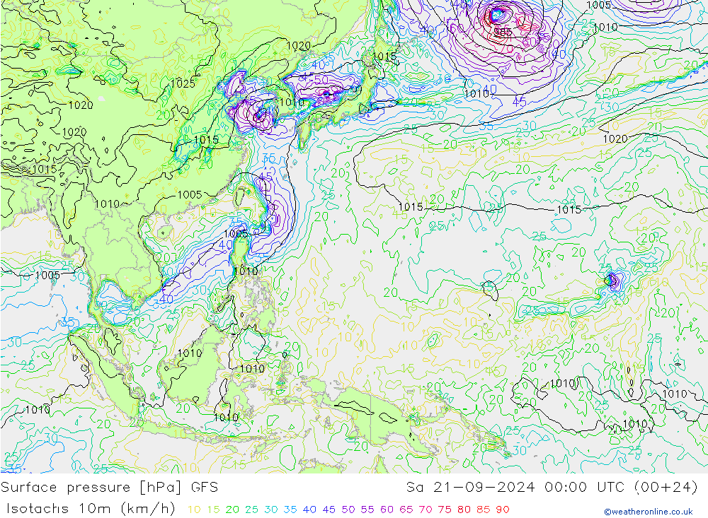 Isotachs (kph) GFS Sa 21.09.2024 00 UTC