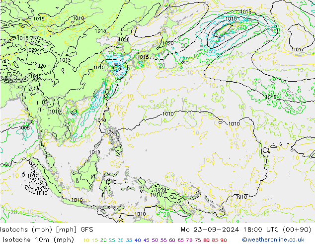 Isotachen (mph) GFS Mo 23.09.2024 18 UTC