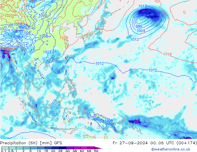 Totale neerslag (6h) GFS vr 27.09.2024 06 UTC