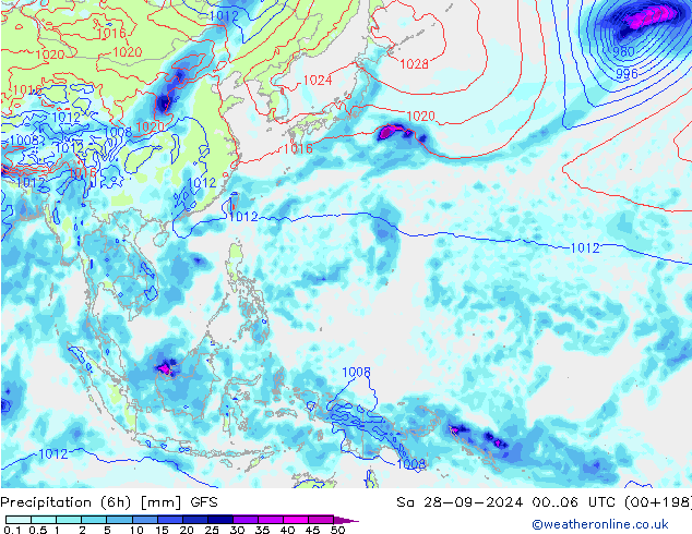 Totale neerslag (6h) GFS za 28.09.2024 06 UTC