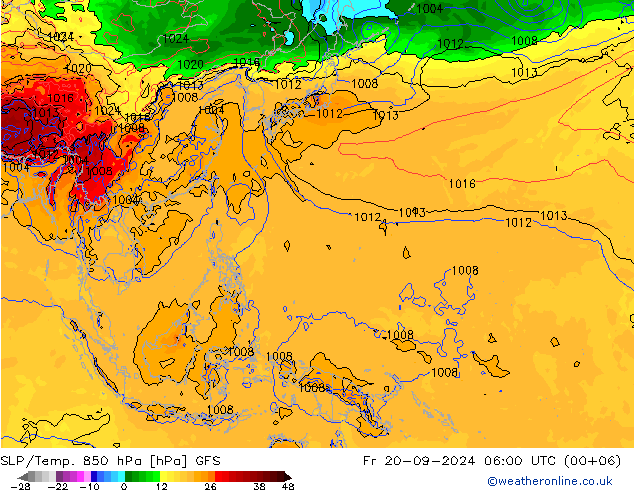 SLP/Temp. 850 hPa GFS ven 20.09.2024 06 UTC