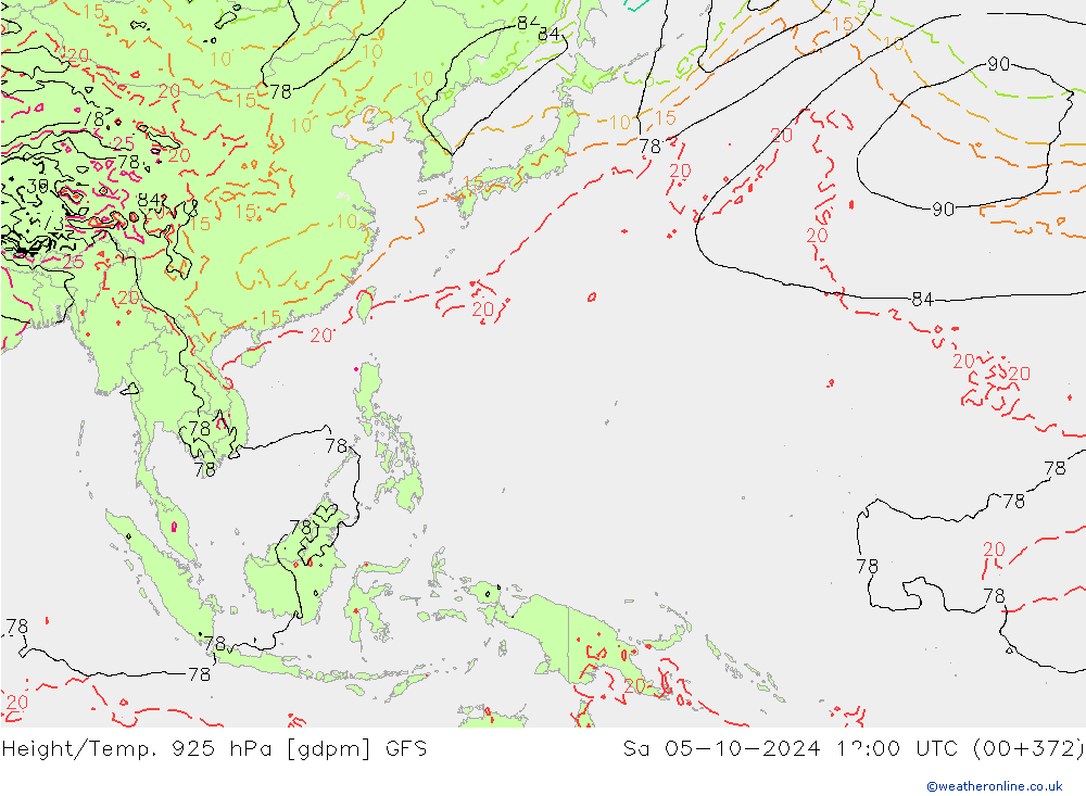 Yükseklik/Sıc. 925 hPa GFS Cts 05.10.2024 12 UTC