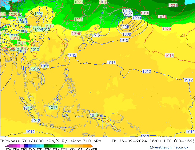 Thck 700-1000 гПа GFS чт 26.09.2024 18 UTC