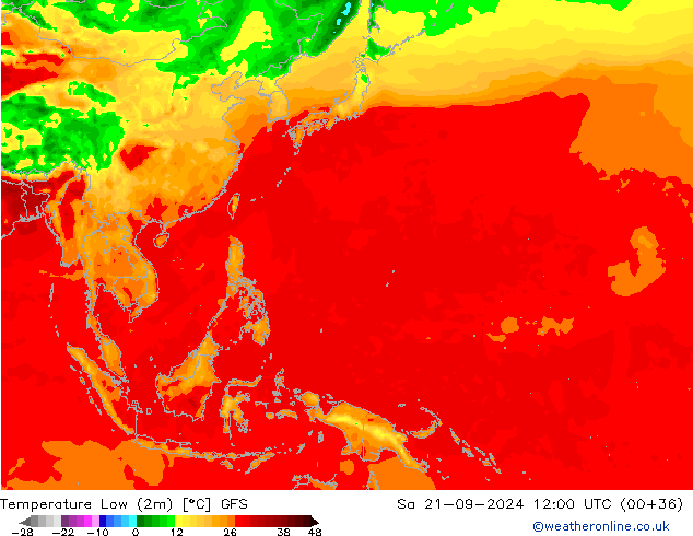 Temperature Low (2m) GFS Sa 21.09.2024 12 UTC