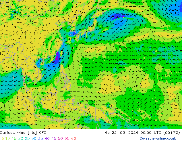 Prec 6h/Wind 10m/950 GFS Mo 23.09.2024 00 UTC