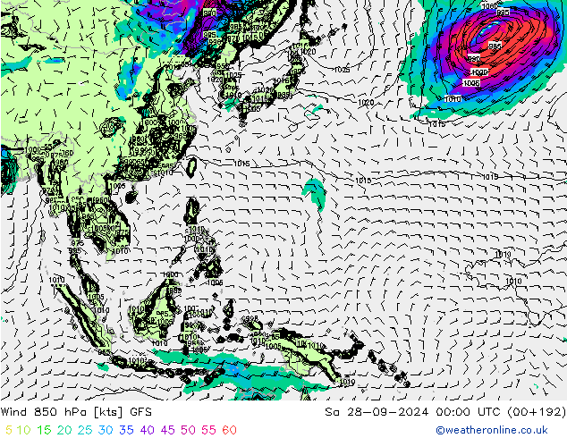 Rüzgar 850 hPa GFS Cts 28.09.2024 00 UTC