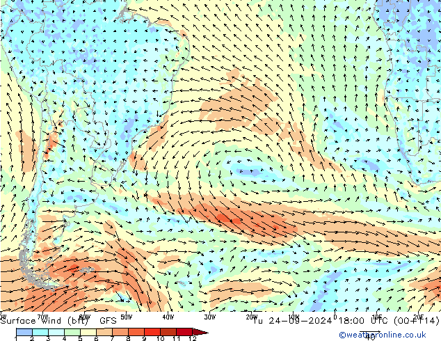 Surface wind (bft) GFS Tu 24.09.2024 18 UTC