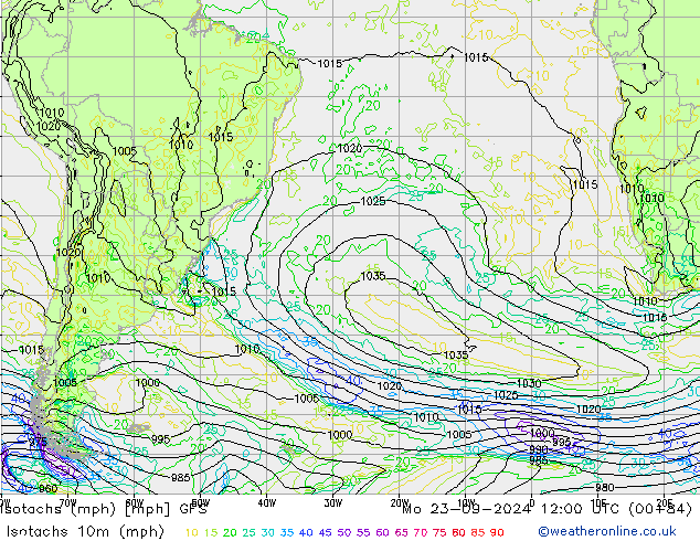 Isotaca (mph) GFS lun 23.09.2024 12 UTC