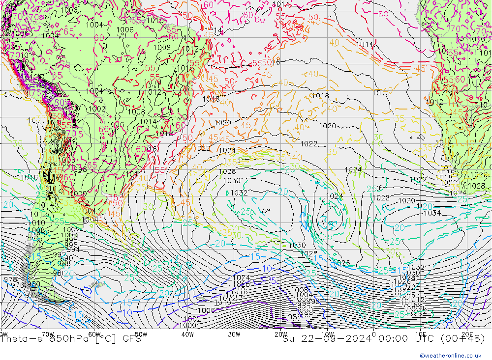 Theta-e 850hPa GFS nie. 22.09.2024 00 UTC