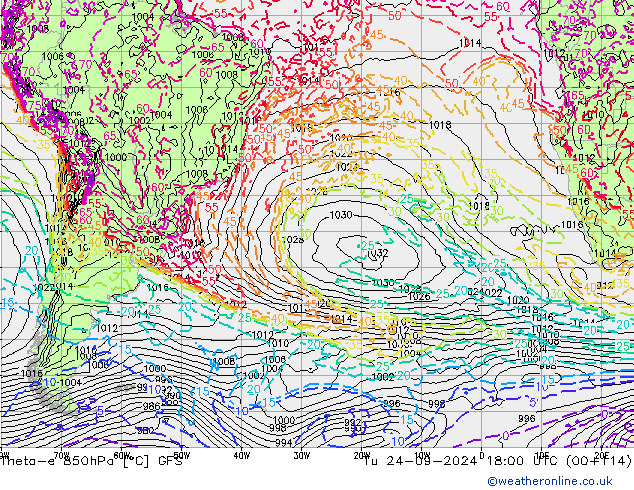 Theta-e 850hPa GFS Tu 24.09.2024 18 UTC