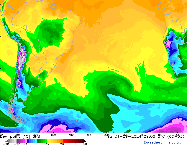 точка росы GFS сб 21.09.2024 09 UTC