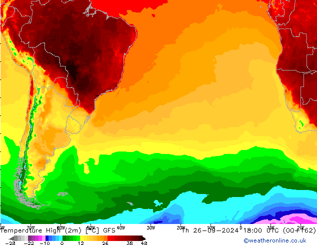 température 2m max GFS jeu 26.09.2024 18 UTC