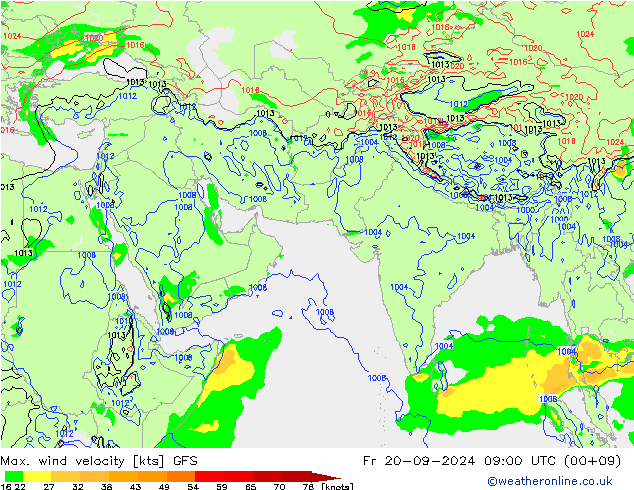 Max. wind snelheid GFS vr 20.09.2024 09 UTC