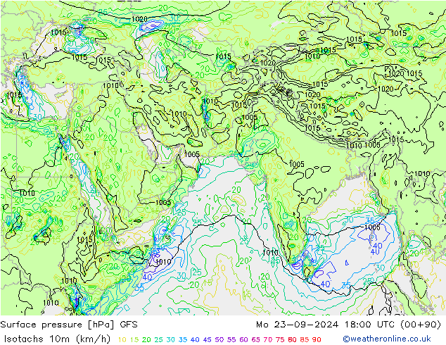 Isotachs (kph) GFS пн 23.09.2024 18 UTC