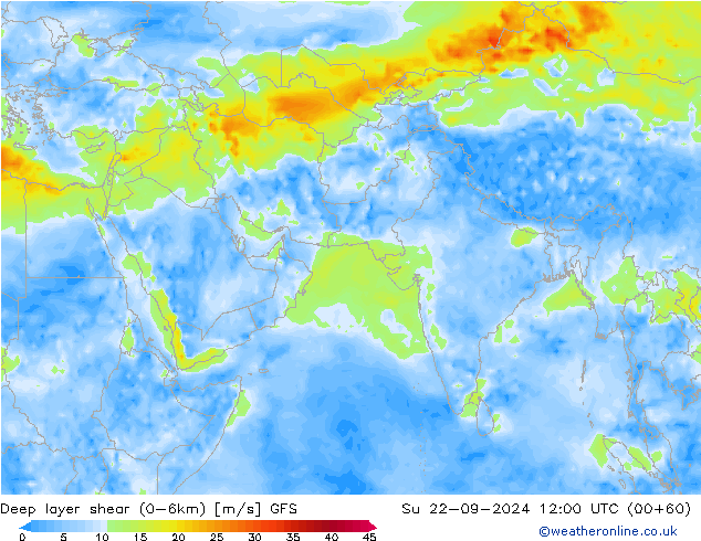 Deep layer shear (0-6km) GFS So 22.09.2024 12 UTC