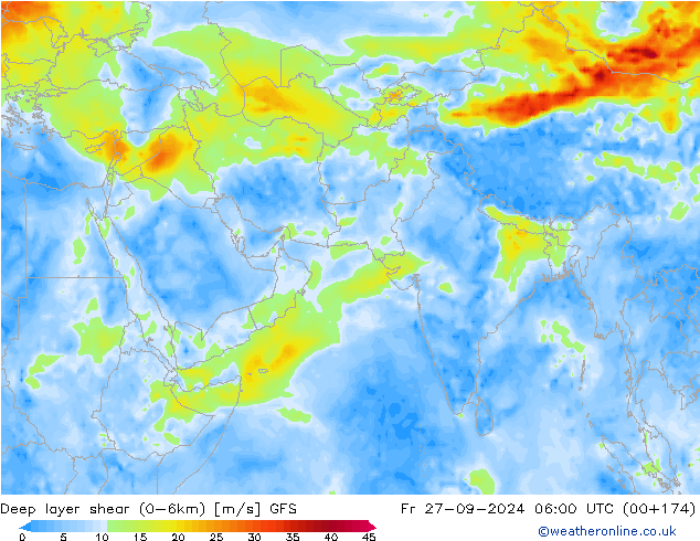 Deep layer shear (0-6km) GFS Sex 27.09.2024 06 UTC