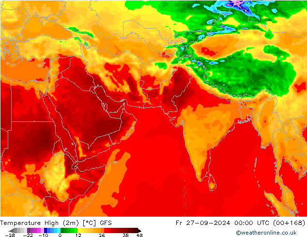 Max.temperatuur (2m) GFS vr 27.09.2024 00 UTC