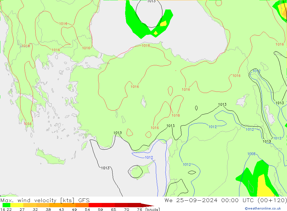 Max. wind snelheid GFS wo 25.09.2024 00 UTC