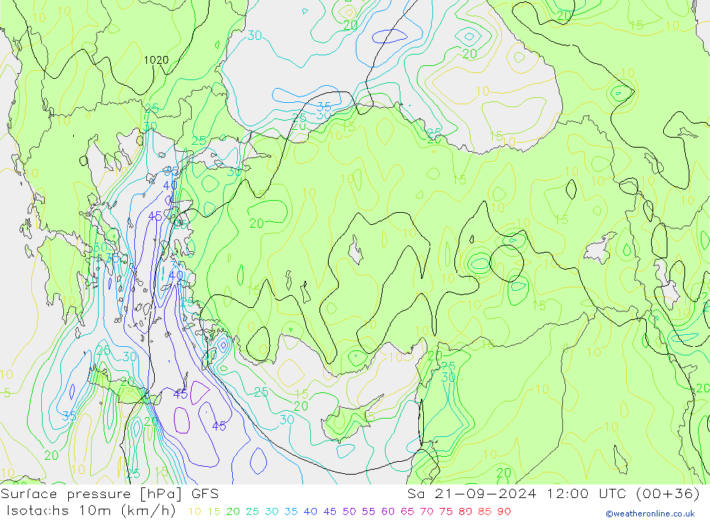 Isotachs (kph) GFS Sáb 21.09.2024 12 UTC