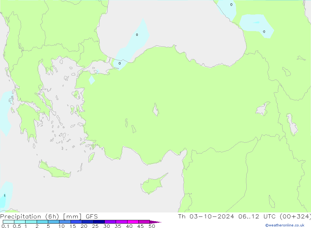 Precipitation (6h) GFS Th 03.10.2024 12 UTC