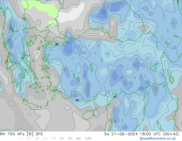 RH 700 hPa GFS Sa 21.09.2024 18 UTC