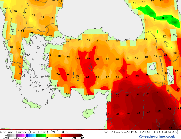 temp. mín./solo (0-10cm) GFS Sáb 21.09.2024 12 UTC