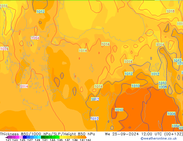 Thck 850-1000 hPa GFS Qua 25.09.2024 12 UTC