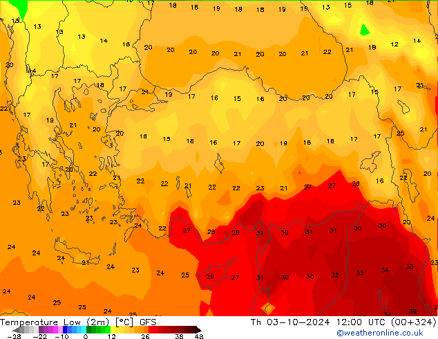 Temperature Low (2m) GFS Th 03.10.2024 12 UTC