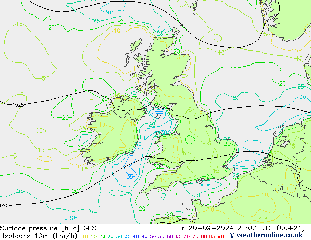 Isotaca (kph) GFS vie 20.09.2024 21 UTC